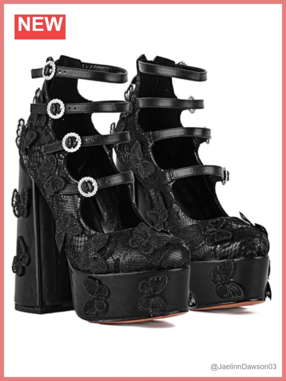 Women's Platform Chunky Heels Lace Butterfly Square Toe Mary-Jane Pumps